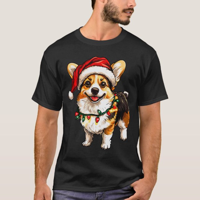 Pembroke Welsh Corgi Santa Christmas Tree Lights X T Shirt (Framsida)