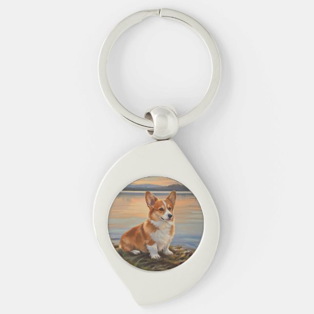 Pembroke Welsh Corgi Swirl Silverfärgad Nyckelring (Framsidan)