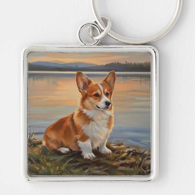 Pembrook Welsh Corgi Fyrkantig Silverfärgad Nyckelring (Framsidan)