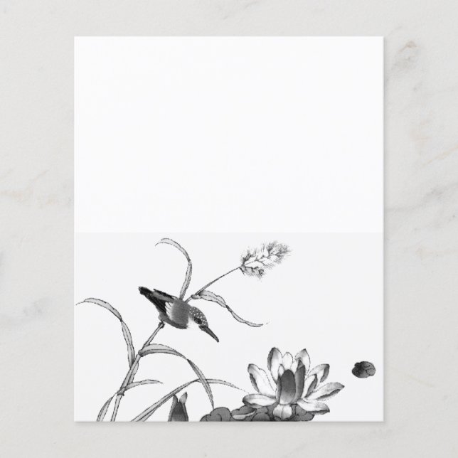 Pen och Bläck Teckning Pond Lotus och Bird (Framsida)