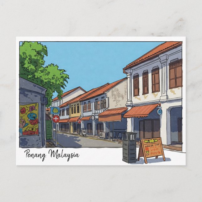 Penang Malaysia Georgetown Karikatyrteckning Vykort (Framsida)