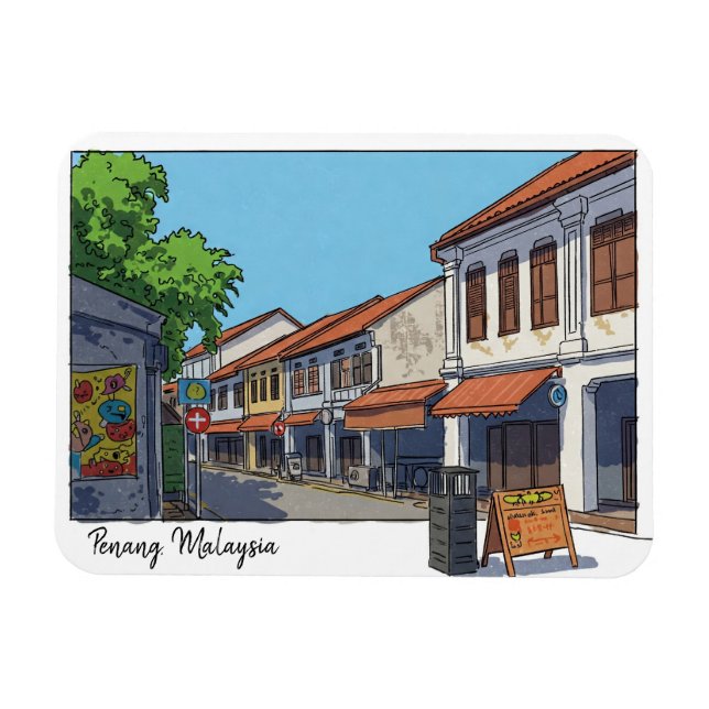 Penang Malaysia Georgetown Tecknad Magnet (Horisontell)