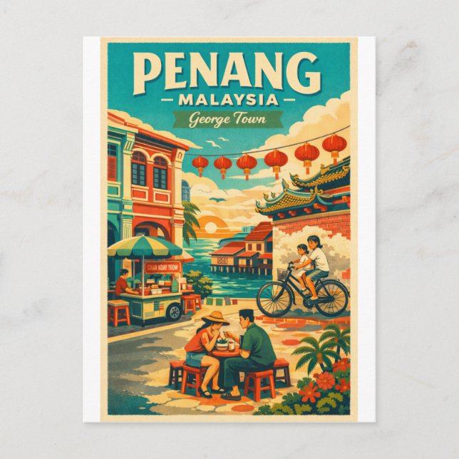  Penang, Malaysia, in a vibrant retro travel Helg Vykort (Framsida)