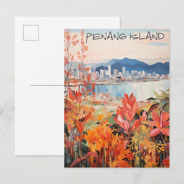 Penang Malaysia Resa Staden Målning Estetik Vykort (Fram/baksida)