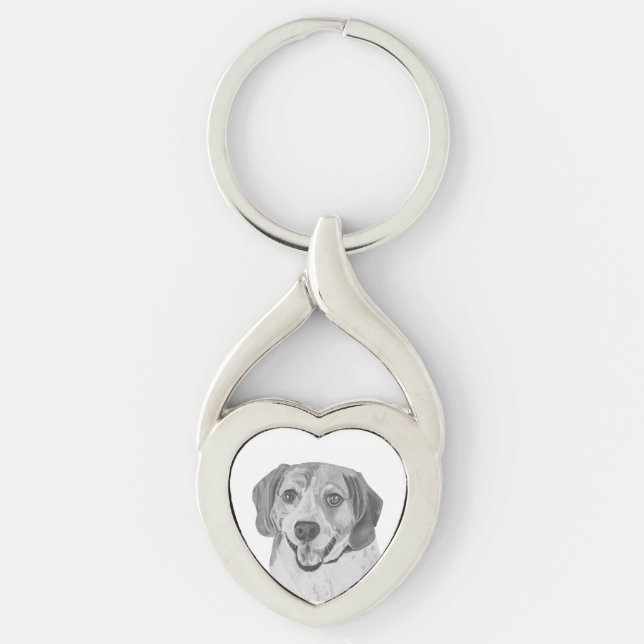 Pencil Beagle Hund Heart-Nyckelring Twisted Heart Silverfärgad Nyckelring (Framsidan)