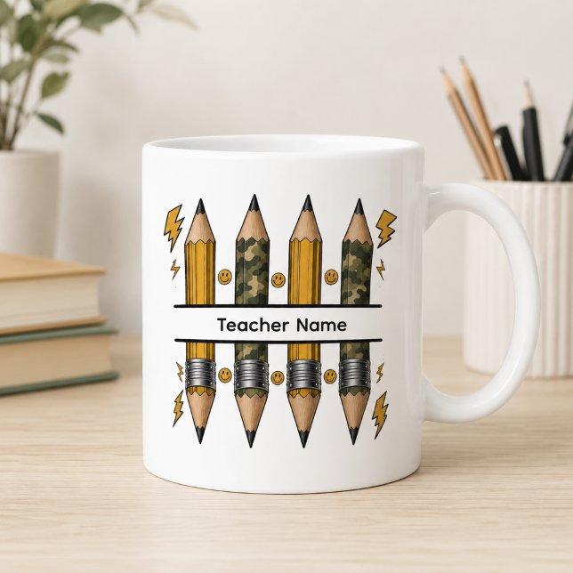 Pencil Camo Blixt Smiley Delad Namn Lärarpresent Jumbo Mugg (Skapare uppladdad)