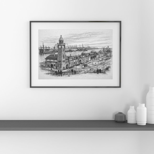 Pencil Cityscape Sketch Hamburg Harbor Landmark Poster (Skapare uppladdad)
