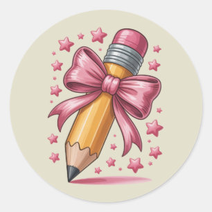 Pencil Coquette Bow Lärare Tacksamhet Skola Runt Klistermärke