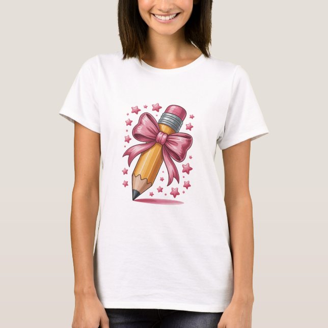 Pencil Coquette Bow Teacher Apprecidence School T Shirt (Framsida)