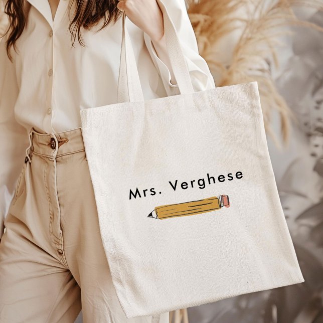 Pencil Personlig Teacher Tygkasse (Yellow No. 2 pencil personalized teacher tote bag.)