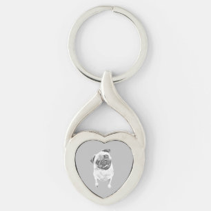 Pencil Pug Hund Heart-Nyckelring Twisted Heart Silverfärgad Nyckelring