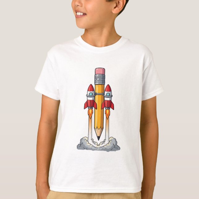 Pencil Rocket Blast Off Kids T Shirt (Framsida)