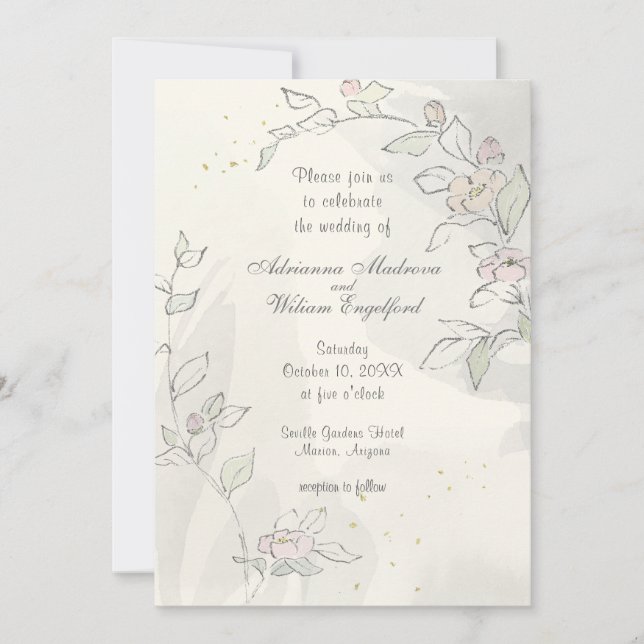 Pencil Sketch Rosa Flowers Bröllop Inbjudningar (Framsida)