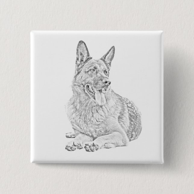 Pencil Teckning German Shepherd Pin Button Knapp (Framsida)