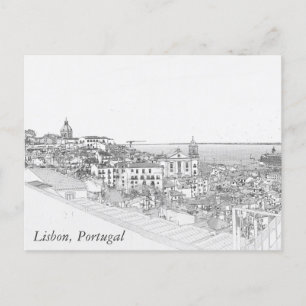 Pencil teckning i Alfama-distriktet i Lissabon Vykort