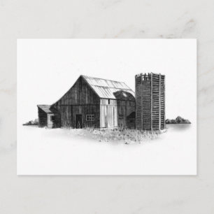 PENCIL TECKNING: OLD BARN, SILO: REALISM VYKORT