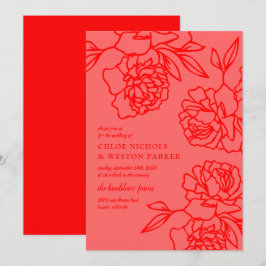 Pencile Peonies Modern Red Bröllop Inbjudningar