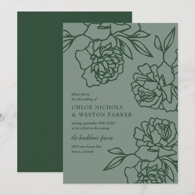 Penciled Peonies Modern Emerald Grönt Bröllop Inbjudningar (Fram/baksida)