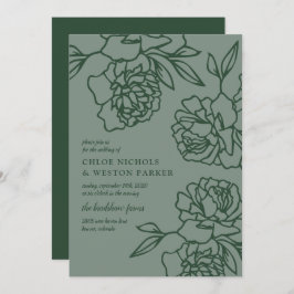 Penciled Peonies Modern Emerald Grönt Bröllop Inbjudningar