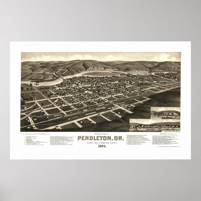 Pendleton, OR Panoramic Karta - 1884 Poster (Framsidan)
