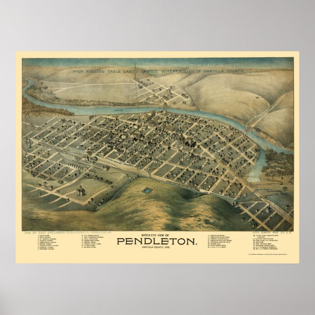 Pendleton, OR Panoramic Karta - 1890-talet Poster (Framsidan)