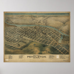 Pendleton Oregon 1890 Antique Panoramic Karta Poster