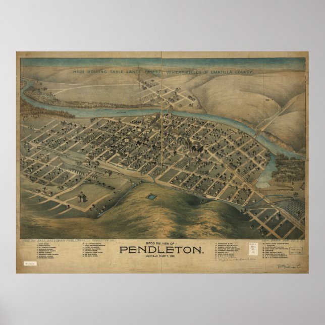 Pendleton Oregon 1890 Antique Panoramic Karta Poster (Framsidan)