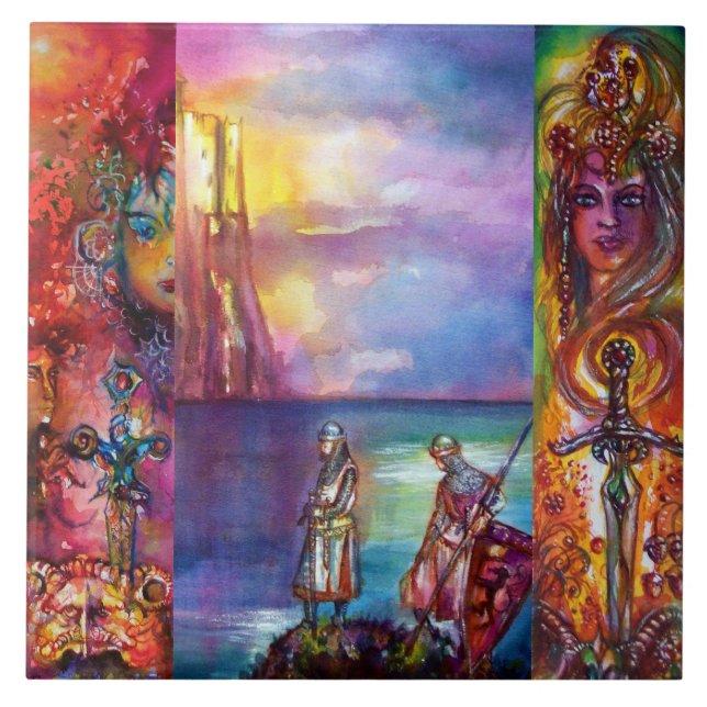 PENDRAGON Medieval Knight,Sjö Sunset,Fantasy Kakelplatta (Framsidan)