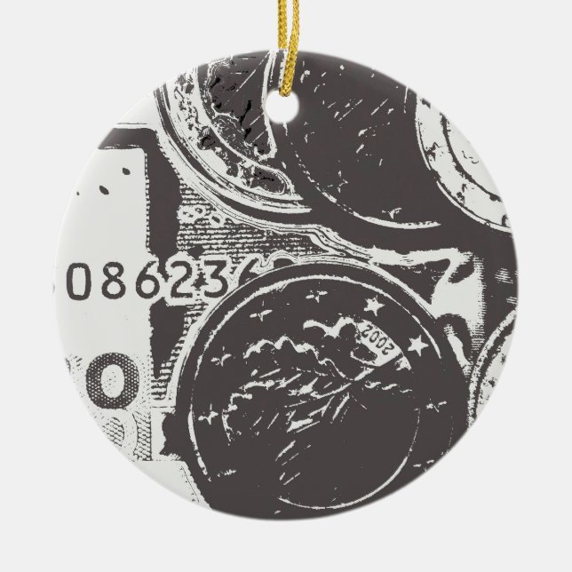 Pengar får världen att snurras runt julgransprydnad keramik (Framsidan)