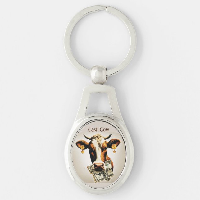 Pengarar Cow Ovalt Silverfärgad Nyckelring (Framsidan)