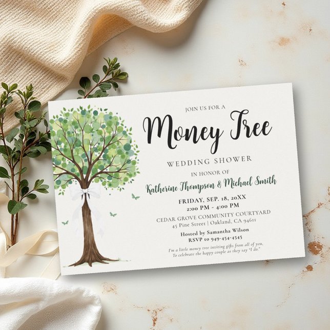 PengTräd Bröllopsfirande För Par Bröllopsdusch Inbjudningar (money tree wedding couple shower classy modern elegant bow watercolor)