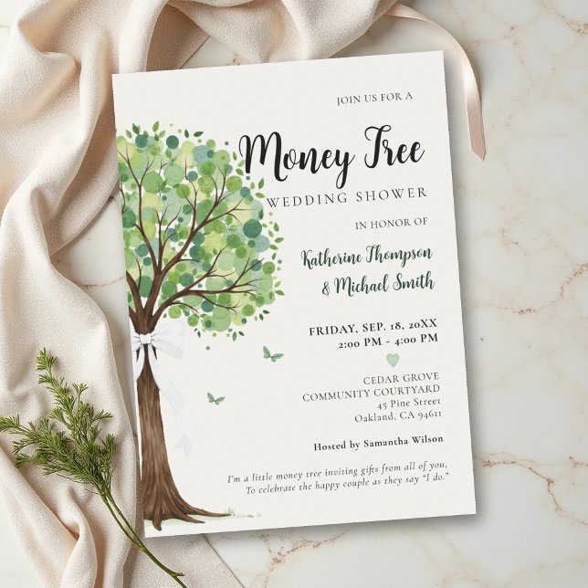 PengTräd Tema Klassisk Chic Bröllopsfest för Par Inbjudningar (money tree wedding couple shower classy modern elegant watercolor bow butterflies)