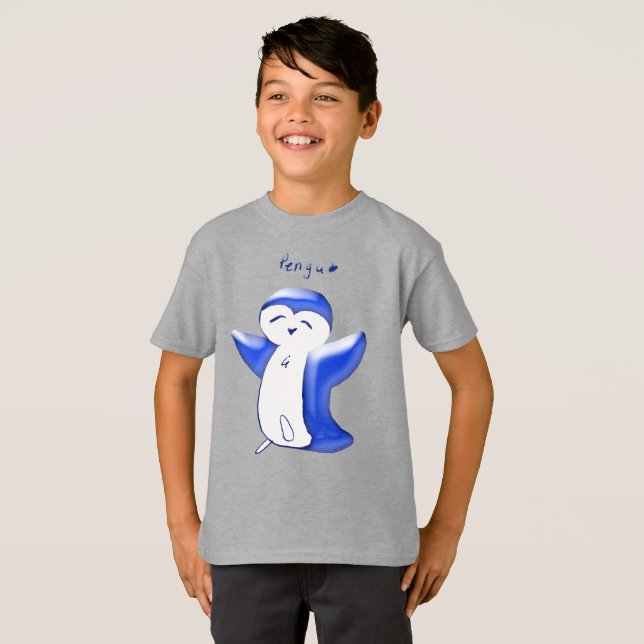 Pengu Lycklig Penguin(Blue) Kids T-Shirt (Hel framsida)