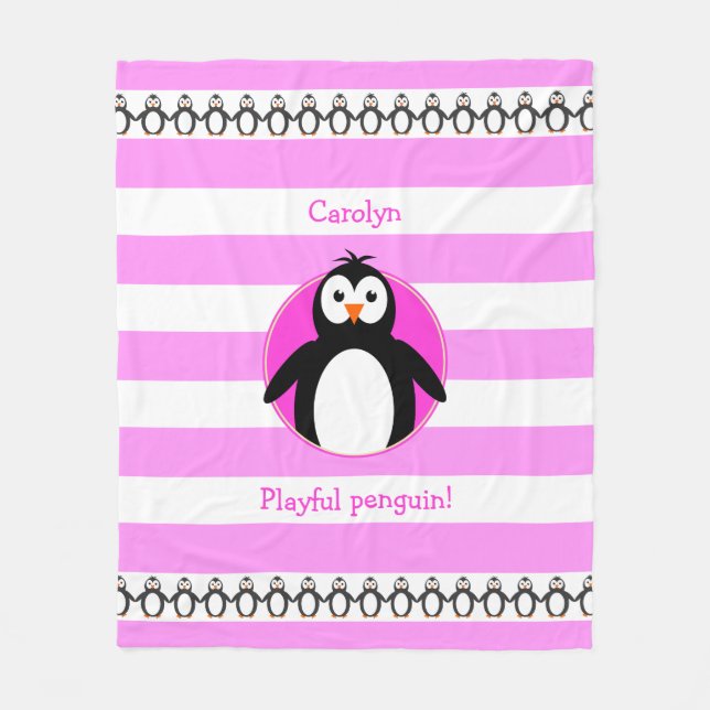 Penguin add namn rosa white rand fleecefilt (Framsidan)