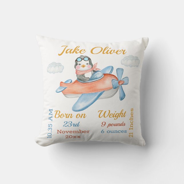 Penguin Airplan Blue Pojke Stats Kudde (Framsida)