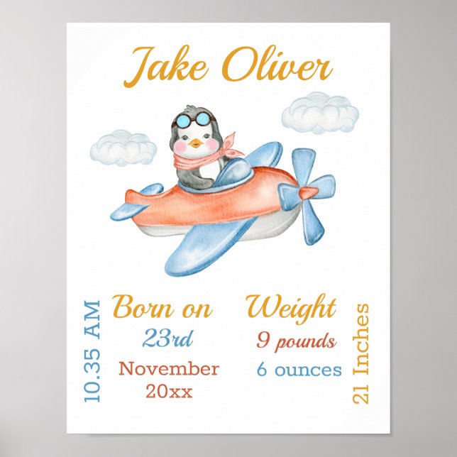 Penguin Airplan Blue Pojke Stats Poster (Framsidan)