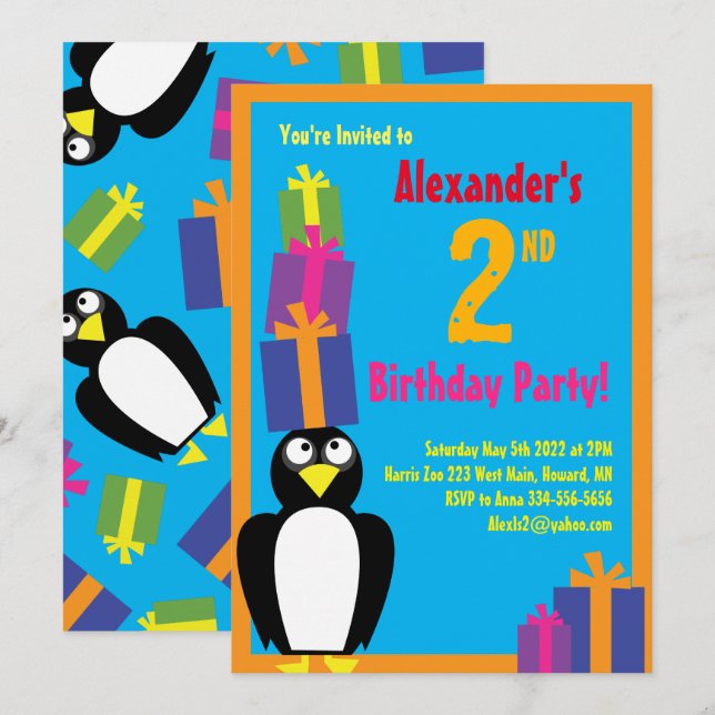 Penguin Animal Barn Födelsedagsfest inbjudan (Fram/baksida)