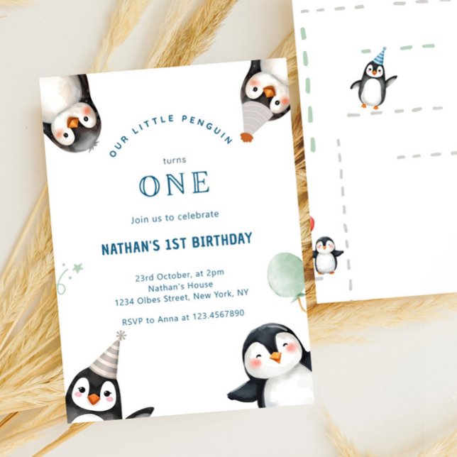 Penguin Animal Winter Onederland 1:a födelsedagen Inbjudningar (penguin 1st birthday invitation)