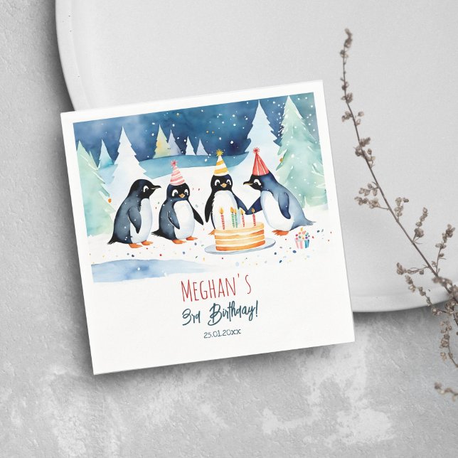 Penguin arktisk vinterfödelsedagsmall pappersservett (Penguin arctic winter birthday party personalized tableware template napkins cute penguins and cake)
