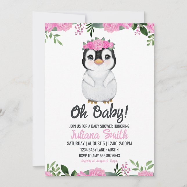 Penguin Baby Shower Blommigt Rosa Black Inbjudningar (Framsida)