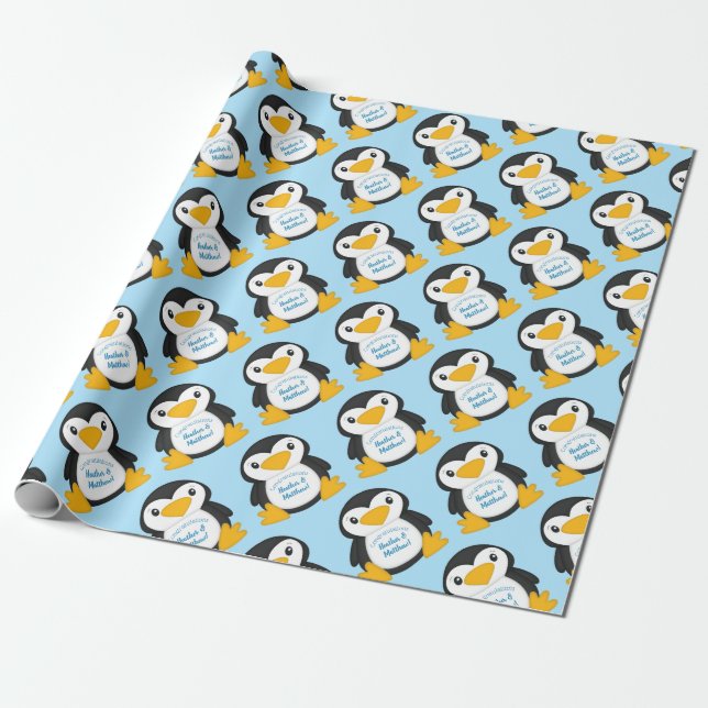 Penguin Baby Shower Blue Presentpapper (Utrullad)
