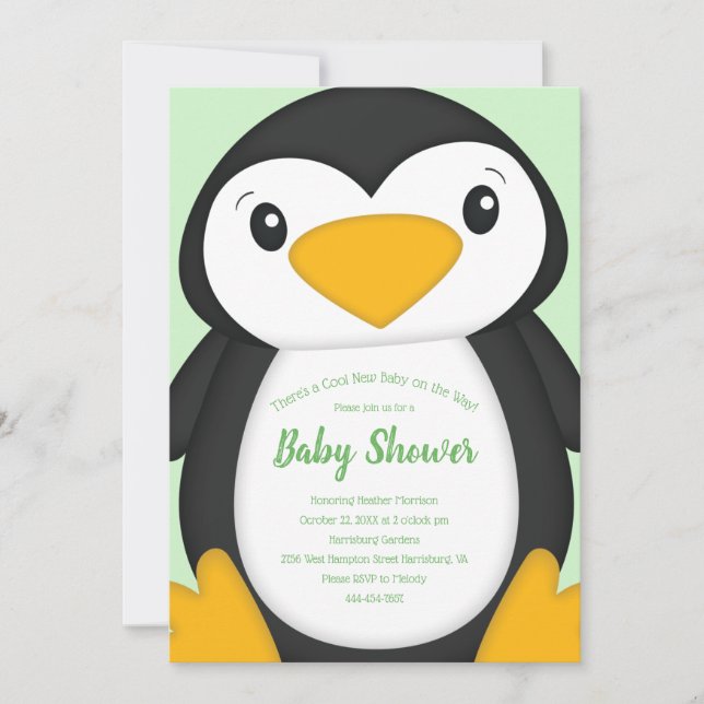 Penguin Baby Shower-Grönt Inbjudningar (Framsida)