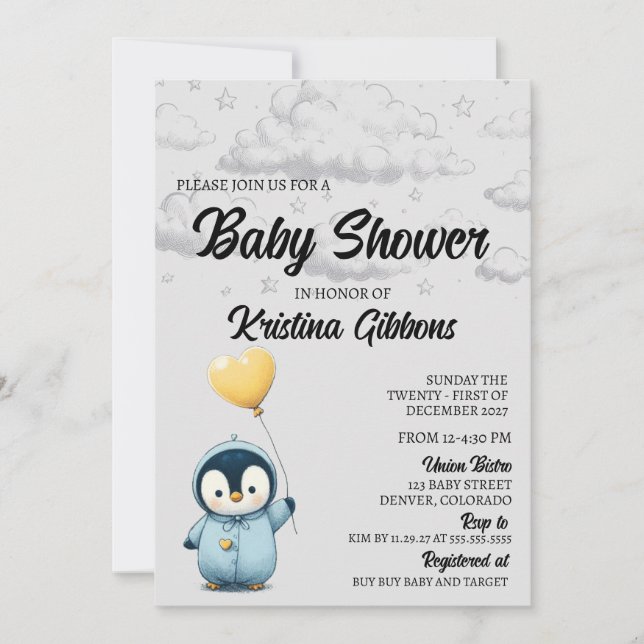 Penguin Baby Shower Inbjudningar (Framsida)