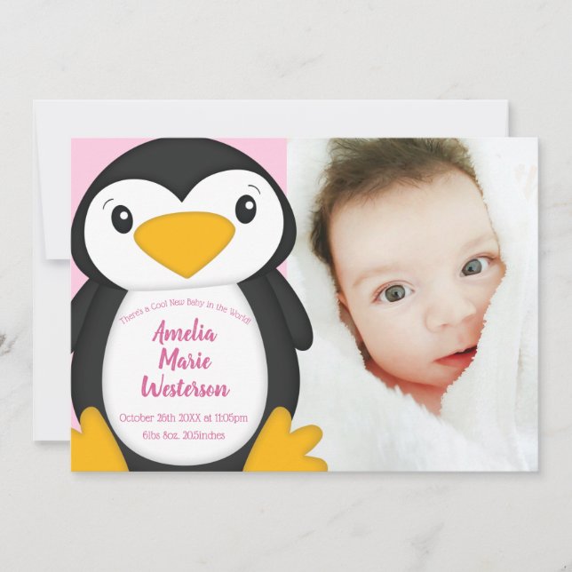 Penguin Baby Shower Rosa Girl Inbjudningar (Framsida)