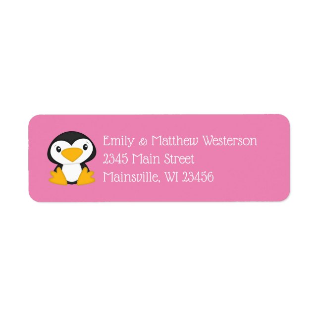 Penguin Baby Shower Rosa Girl Returadress Etikett (Framsidan)