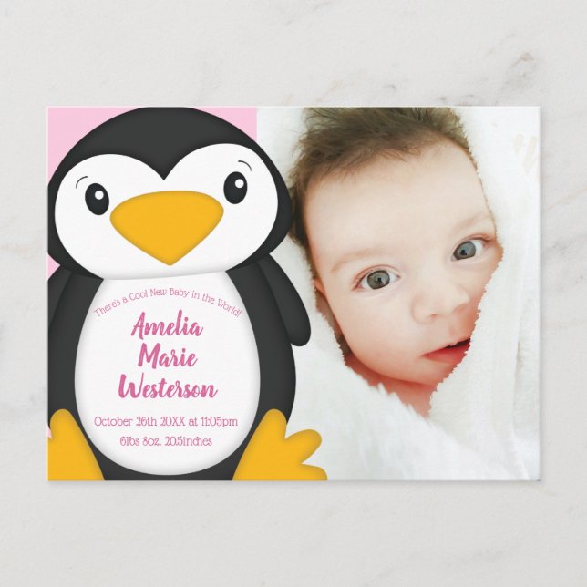 Penguin Baby Shower Rosa Girl Vykort (Framsida)