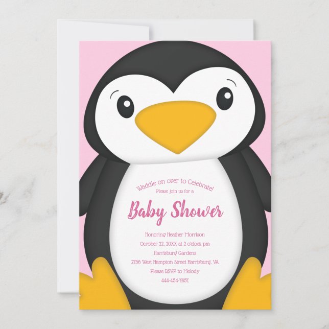 Penguin Baby Shower Rosa Inbjudningar (Framsida)