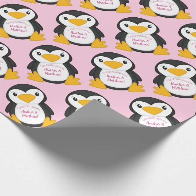 Penguin Baby Shower Rosa Presentpapper (Hörn)
