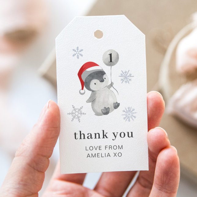 Penguin Balloon 1:a födelsedagen - Tacken Presentetikett (Penguin Balloon 1st Birthday - Thank You Gift Tags)