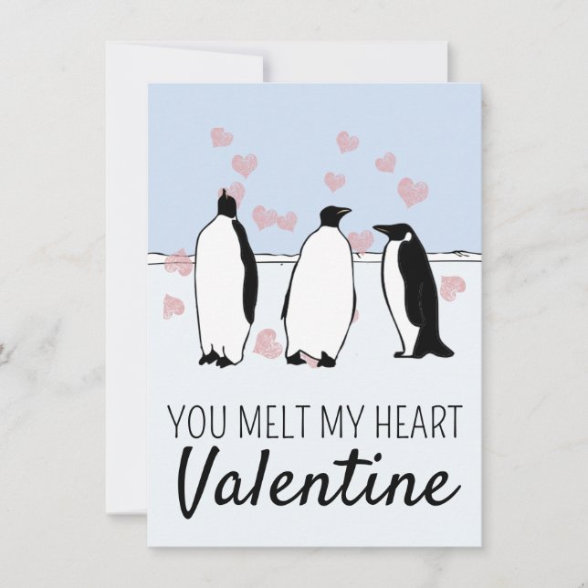 Penguin Bird Valentine Rosa Hearts Melt My Heart Kort (Framsida)